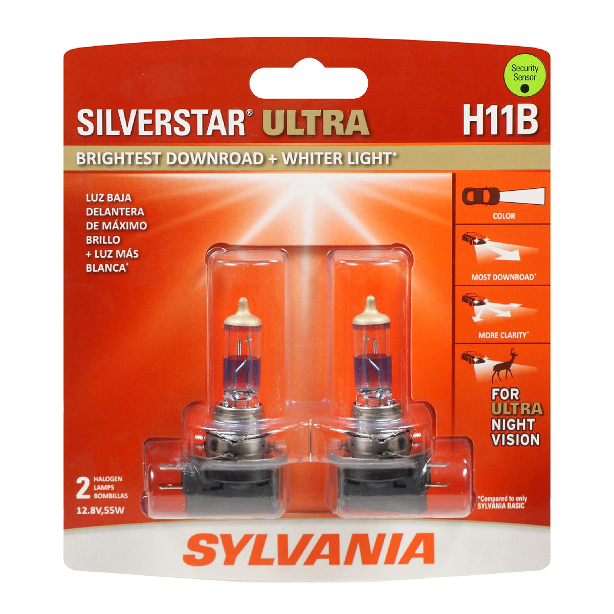 SYLVANIA front packaging showing two SilverStar Ultra bulbs and specifications for confidence