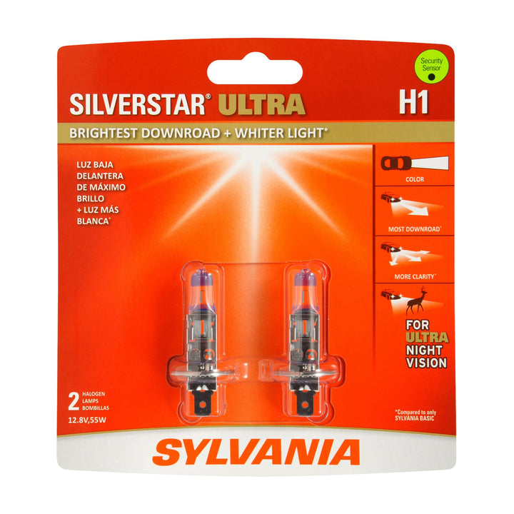 SYLVANIA front packaging showing two H1 bulbs and benefits