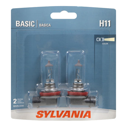 SYLVANIA H11 Basic front packaging showing legal two-bulb pack and benefits