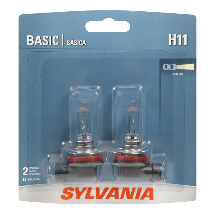 SYLVANIA H11 Basic front packaging showing legal two-bulb pack and benefits