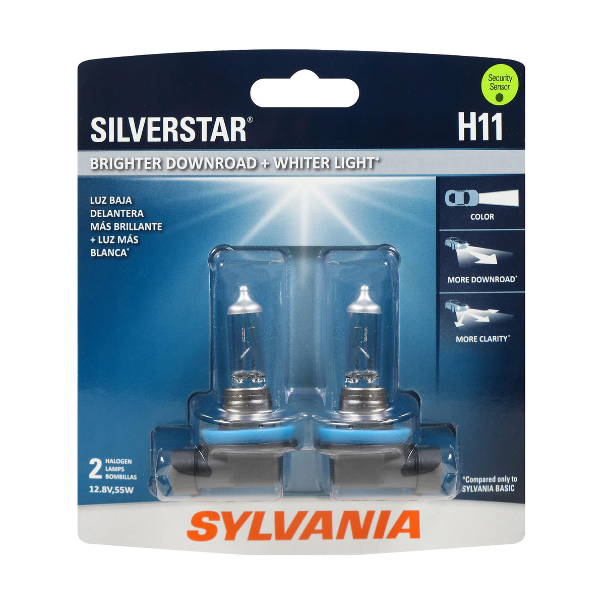 SYLVANIA H11 front packaging showing two bulbs and brand for easy identification