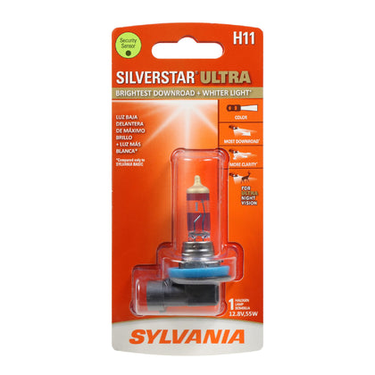 sylvania H11 bulb front packaging showing product and benefit of brighter light