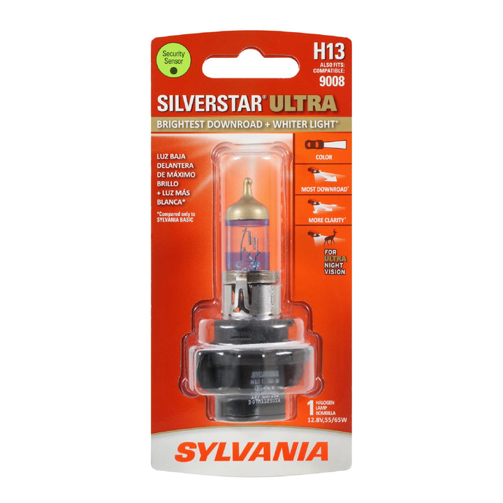 SYLVANIA H13 front packaging showing product and features, clearer night vision