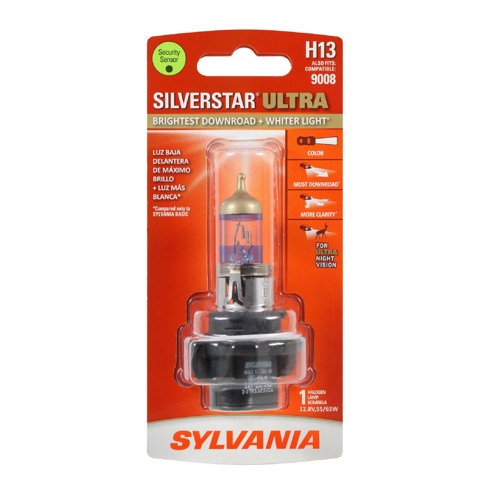 SYLVANIA H13 front packaging showing product and features, clearer night vision