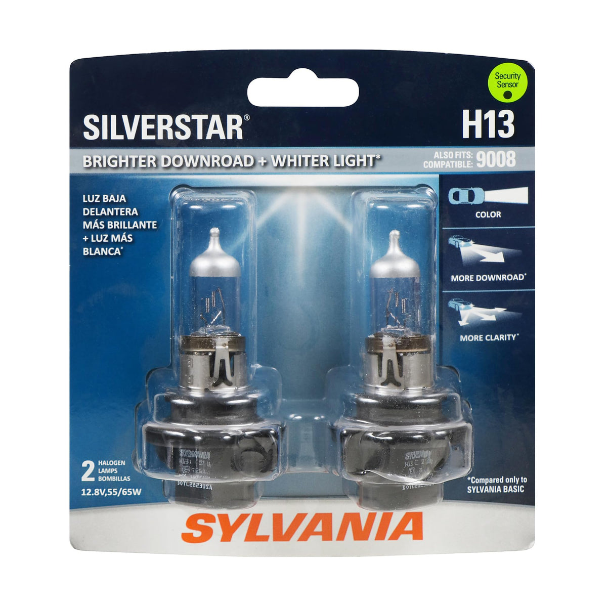 SYLVANIA H13 SilverStar front packaging showing bright replacement bulbs benefit