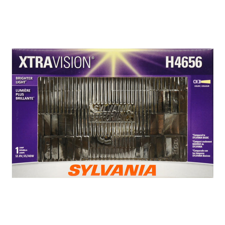 SYLVANIA H4656 front view showing sealed-beam lens and brighter visibility benefit