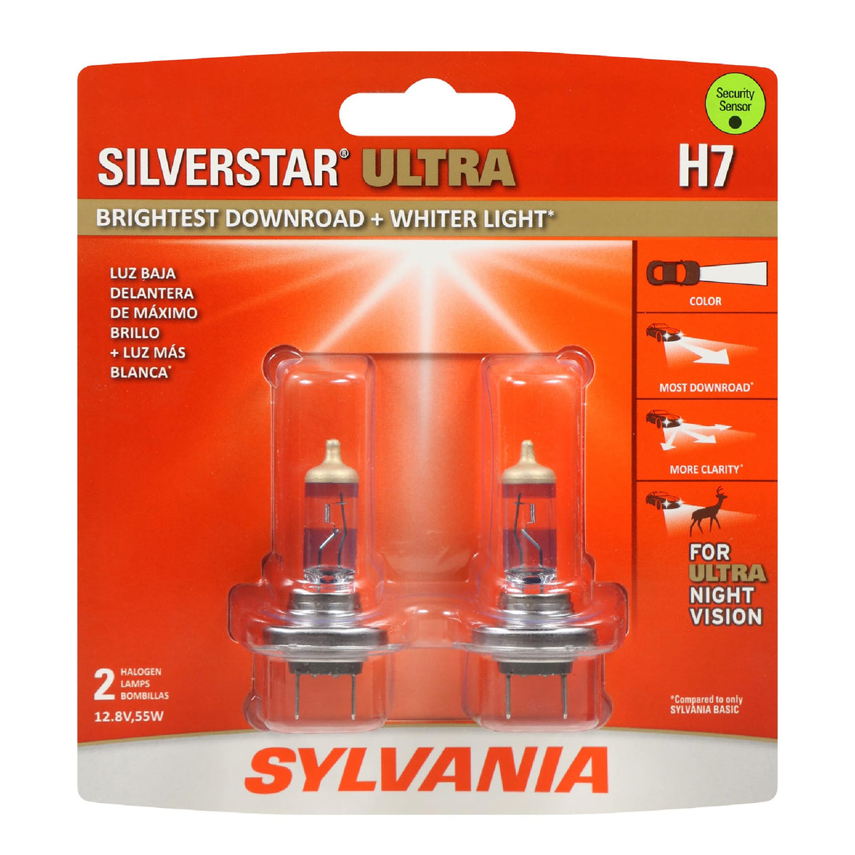 SYLVANIA H7 SilverStar Ultra front packaging showing included two bulbs and benefits