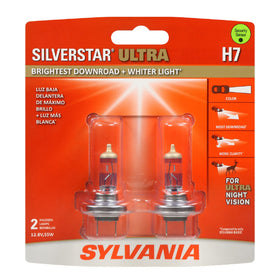 SYLVANIA H7 SilverStar Ultra front packaging showing included two bulbs and benefits