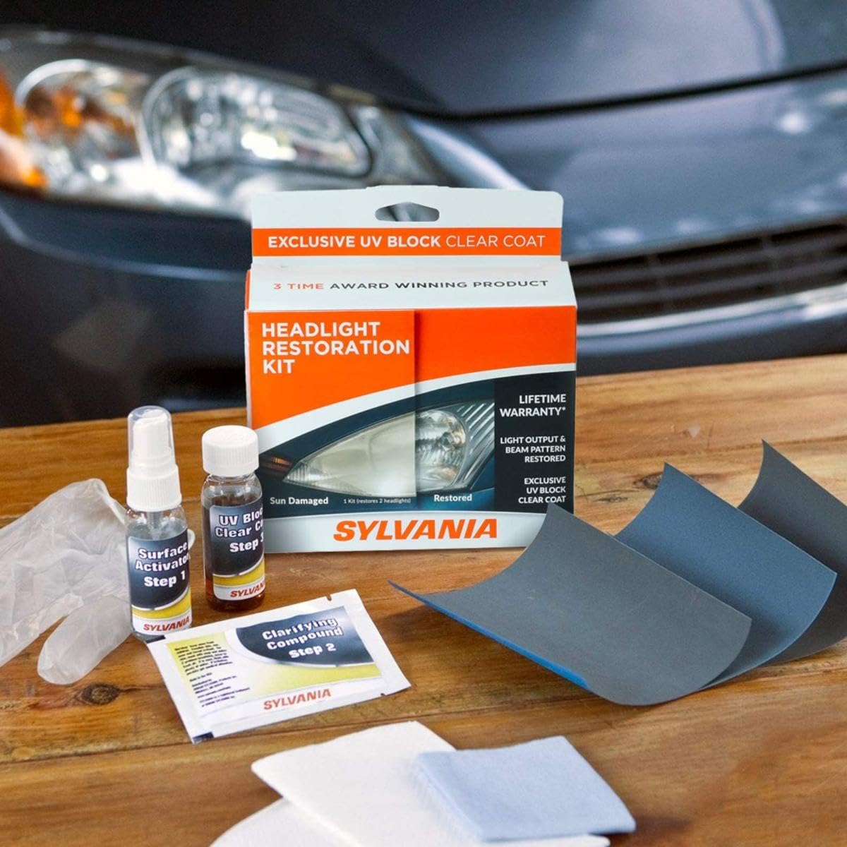 SYLVANIA headlight after restoration illustrating clearer lens and improved light