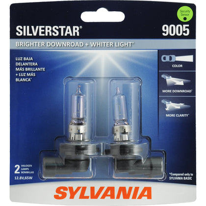 SYLVANIA SilverStar 9005 front packaging showing twin-pack and benefits