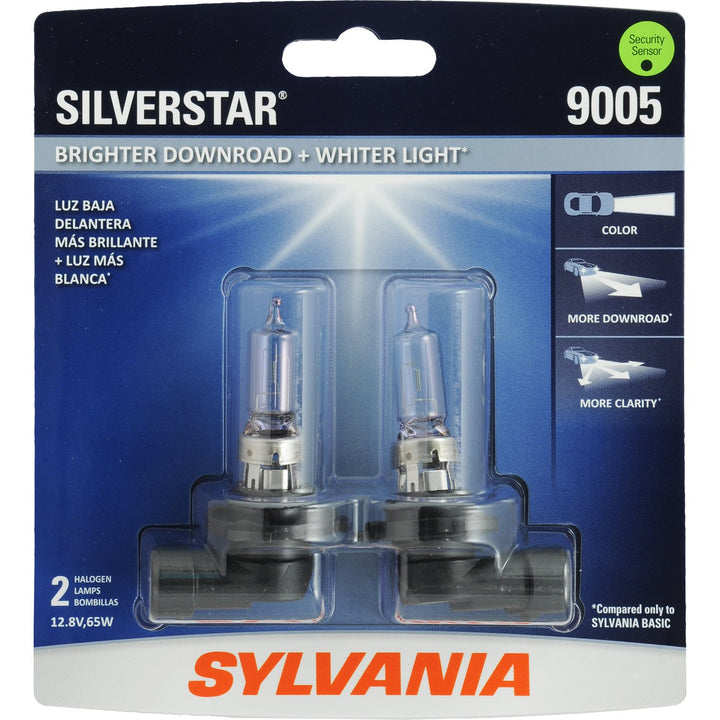 SYLVANIA SilverStar 9005 front packaging showing twin-pack and benefits