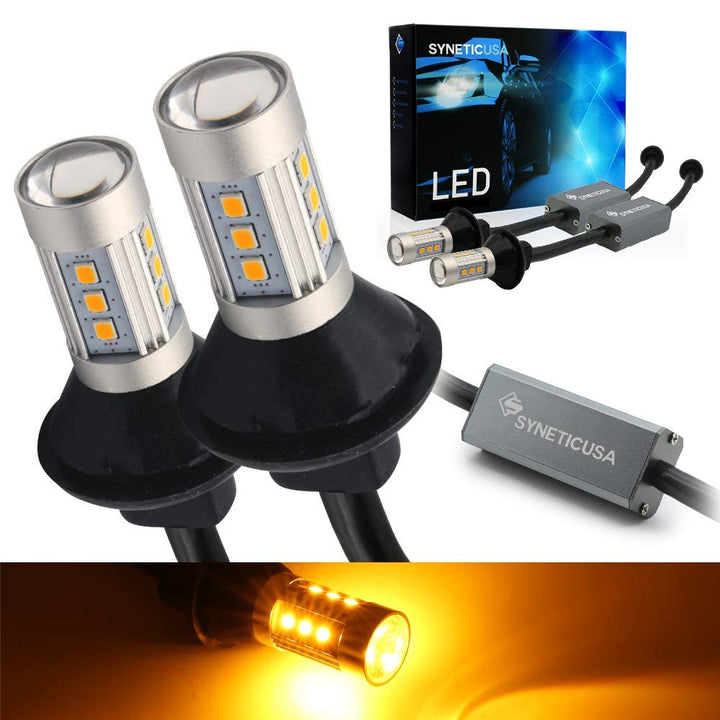 Syneticusa 3157 front view showing bright amber LEDs and clear visibility benefit