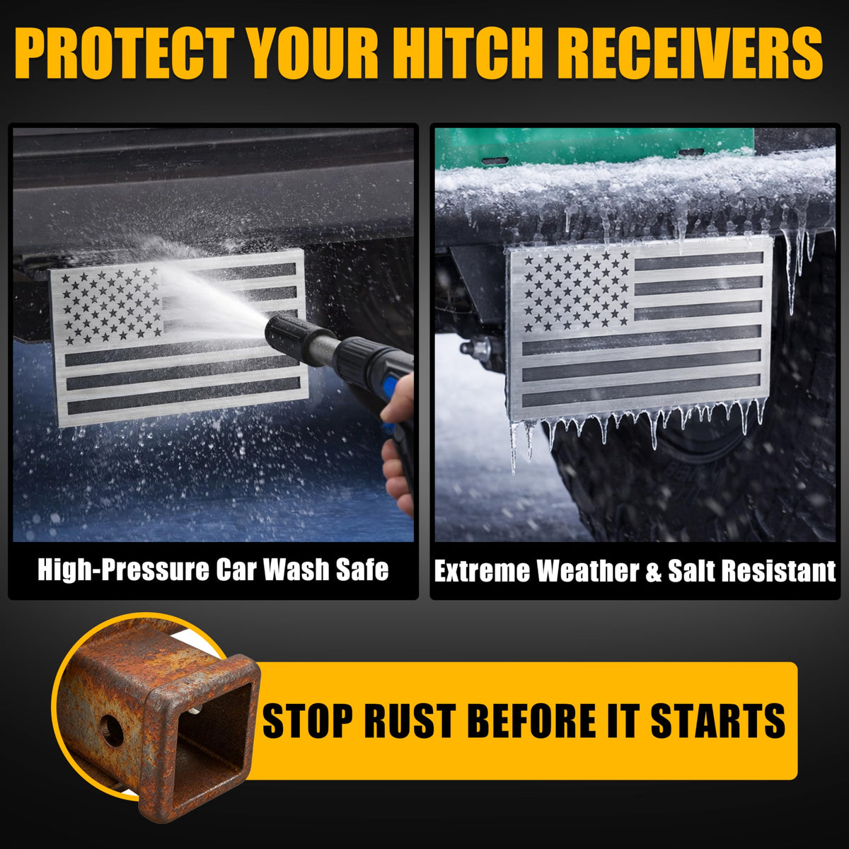 Synrroe hitch cover next to ruler on receiver, demonstrates accurate 2-inch fit