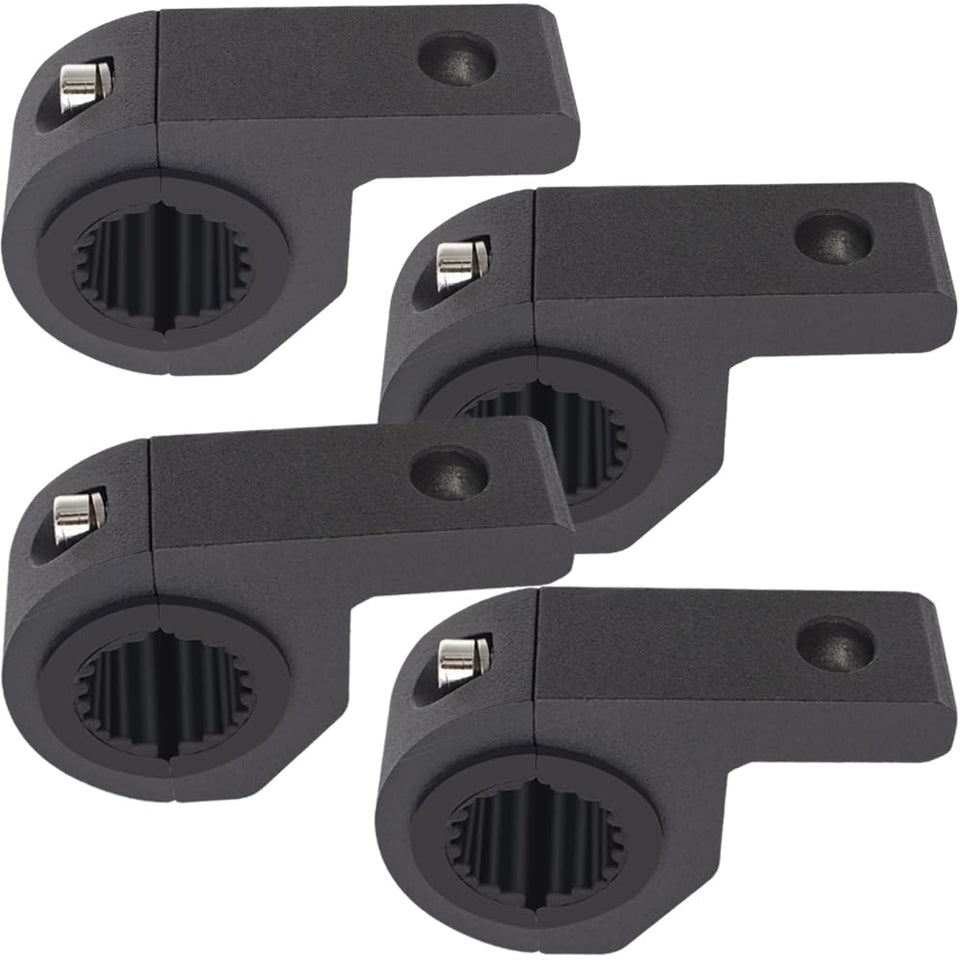 Szplonly front view of 4-piece aluminum clamp kit showing inclusions and benefit of complete mounting hardware