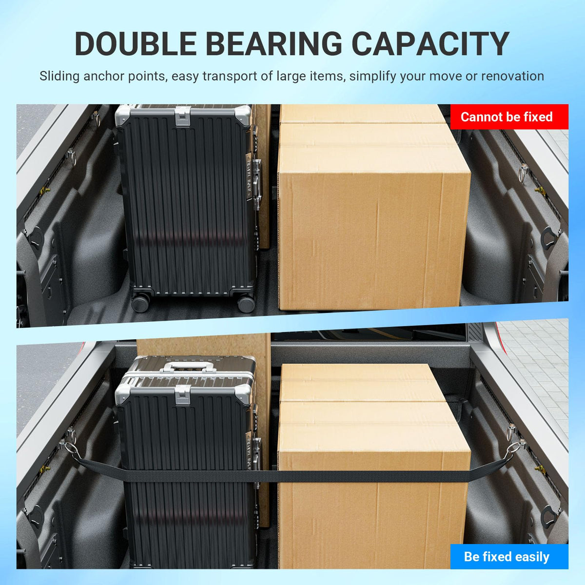 SZYANG trail rail installed with tied cargo demonstrating load control benefit