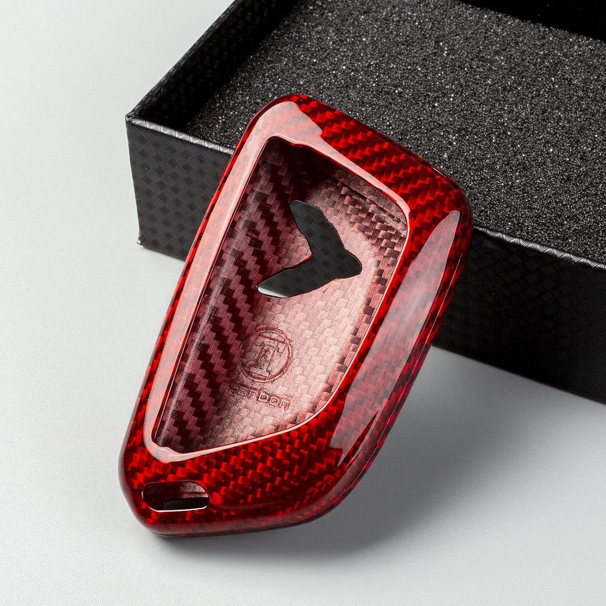 T-carbon front view of key fob cover showing fit and protection