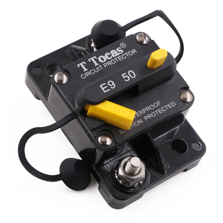 T Tocas front view of 50A breaker showing compact durable housing benefit