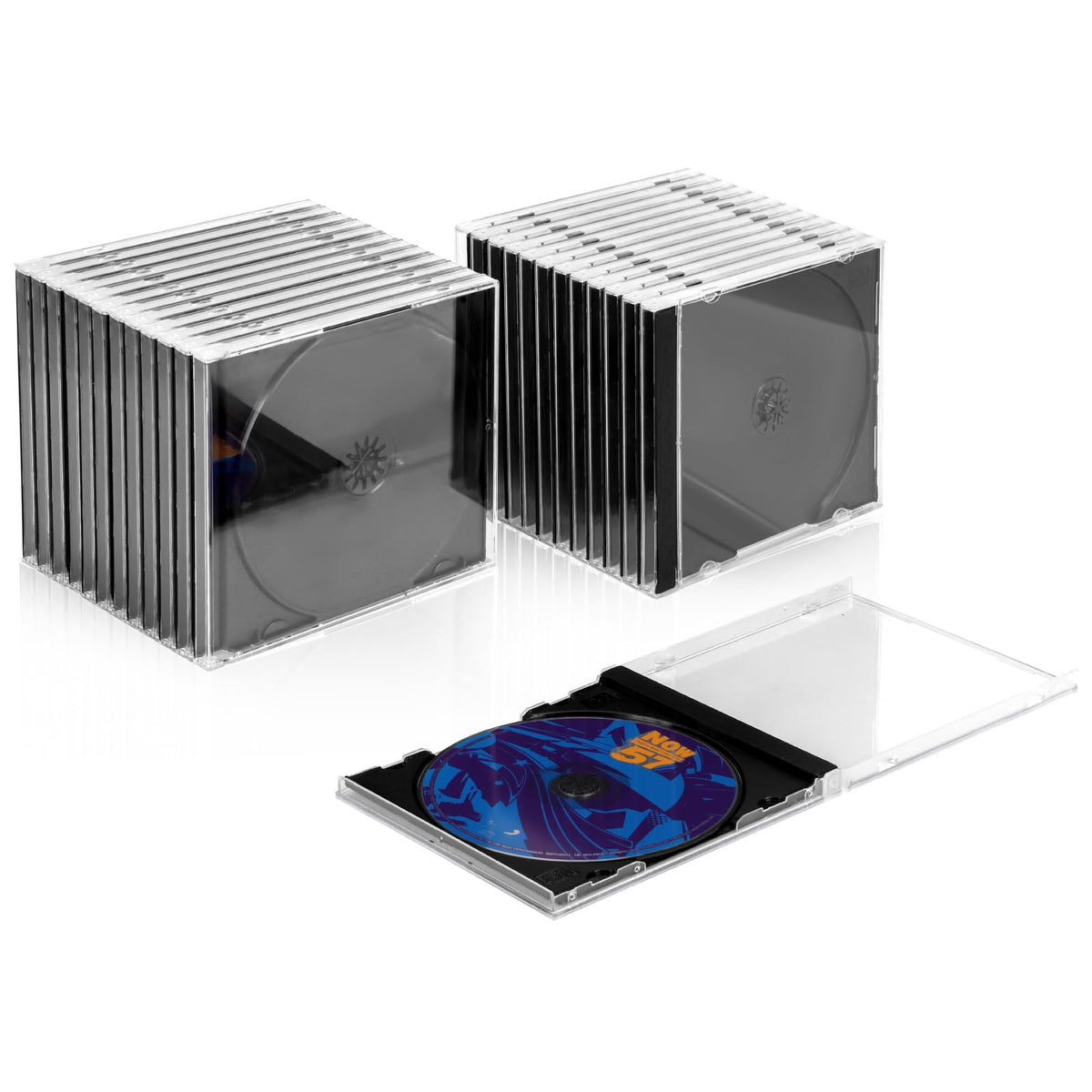 T WaveTree front view of 30-pack clear jewel cases showing neat professional storage