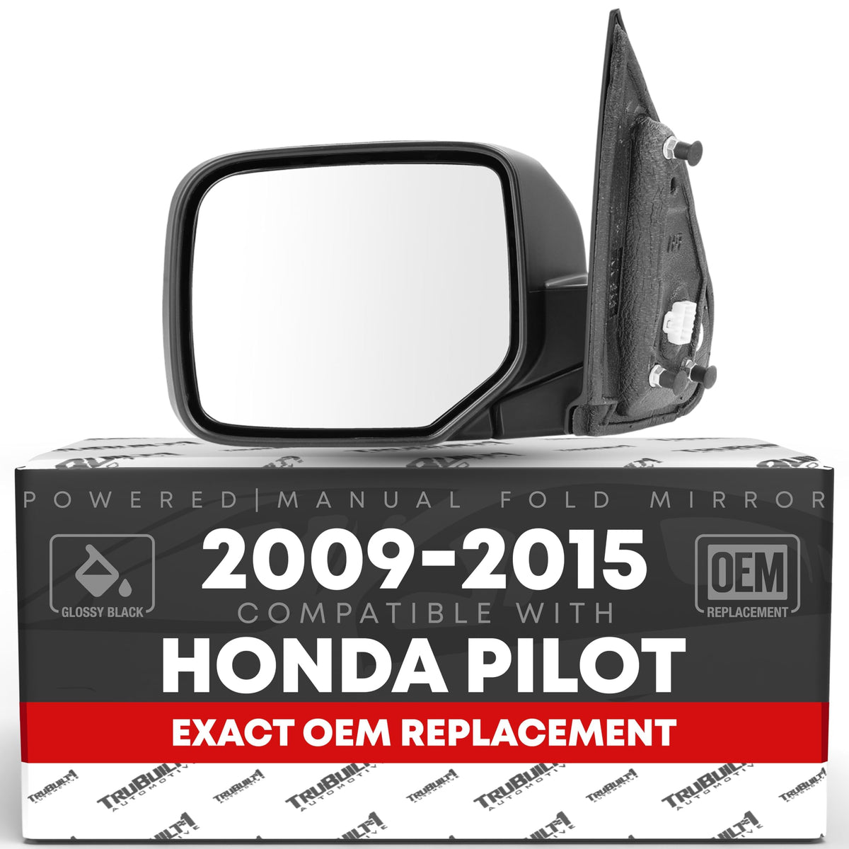 T1A front view of driver-side mirror showing fit and smooth black finish for easy replacement