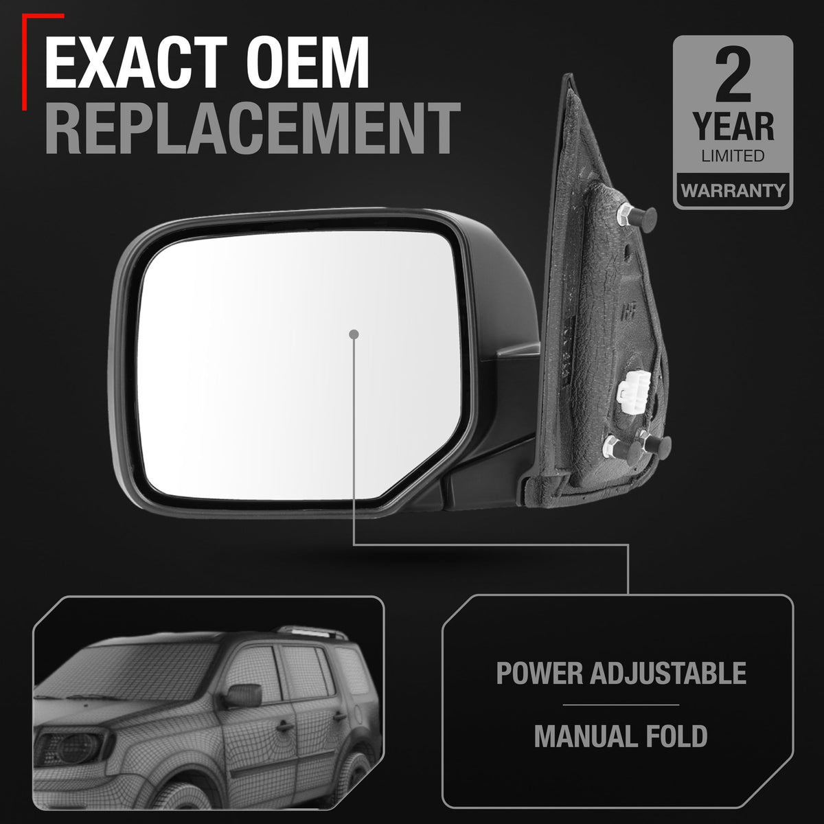 T1A side profile of mirror highlighting manual fold design and aerodynamic shape for durability
