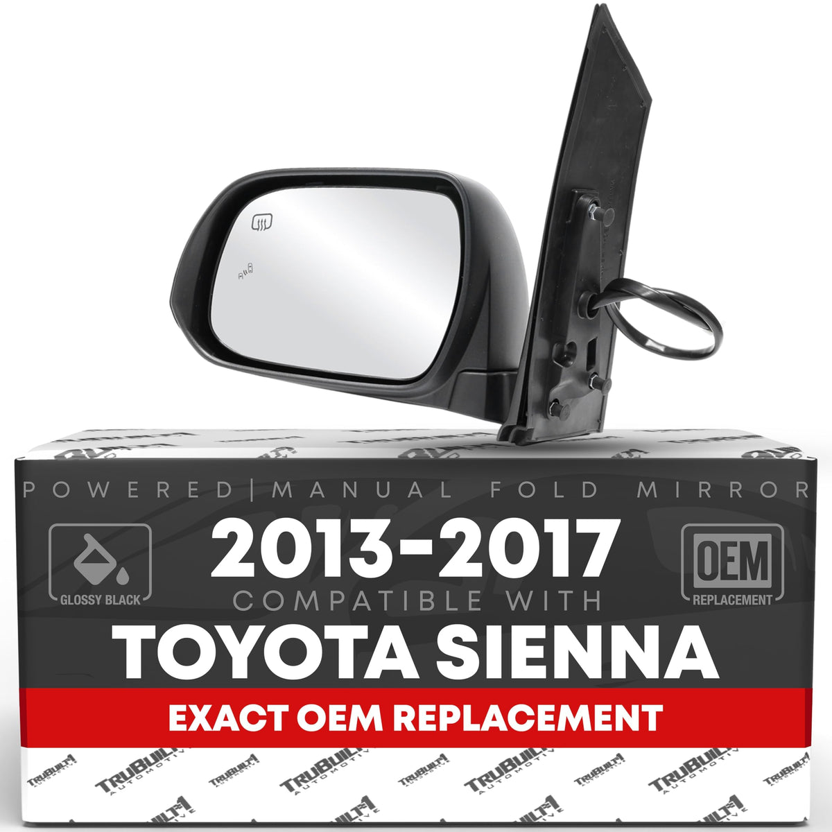 T1A front view of driver-side mirror showing smooth black finish and fit