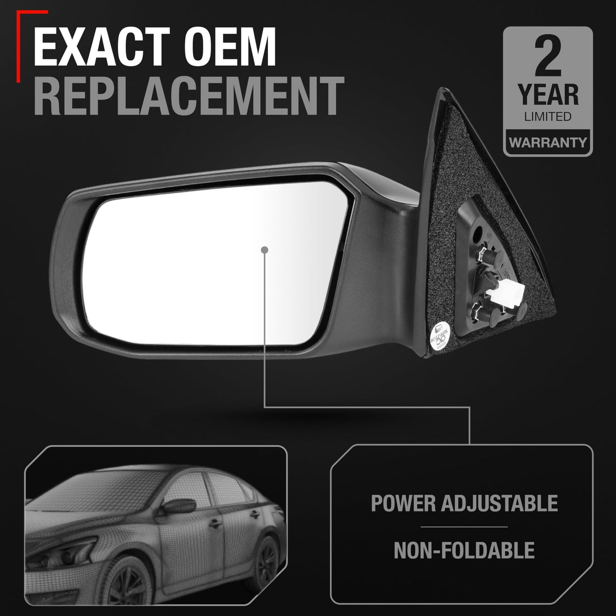 T1A angled profile of mirror showing non-foldable housing and alignment benefit