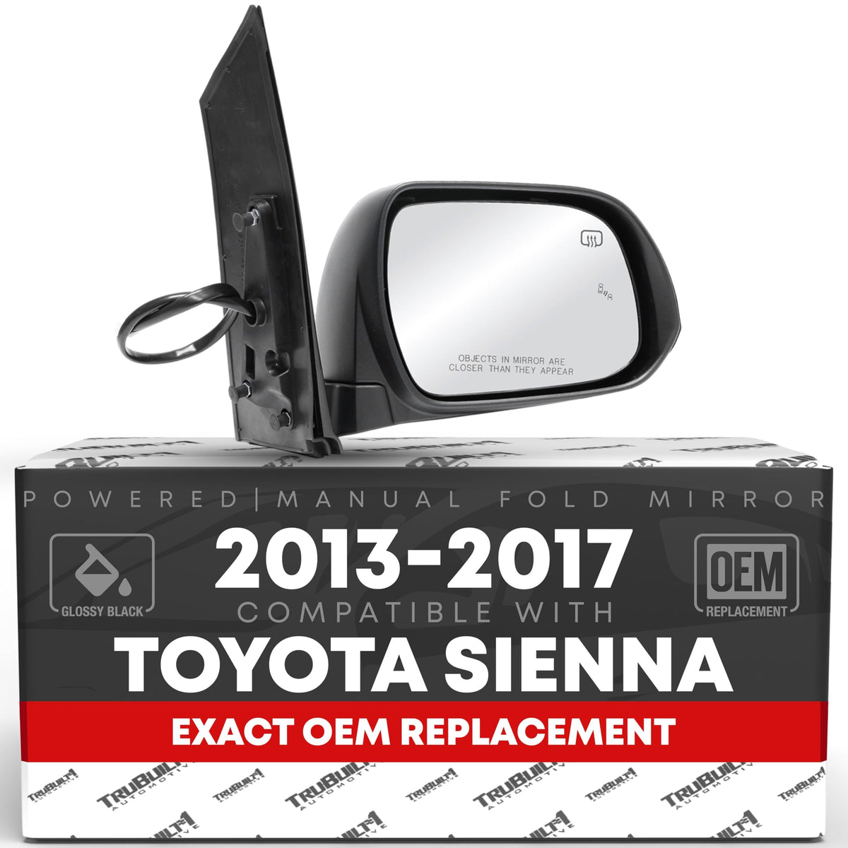 T1A passenger mirror front view showing smooth black finish and exact OEM fit