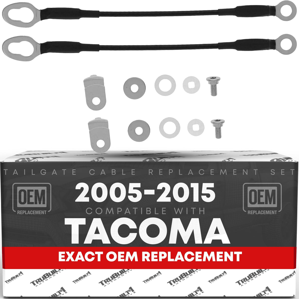 T1A front view of replacement tailgate cables showing packaging and fit benefits