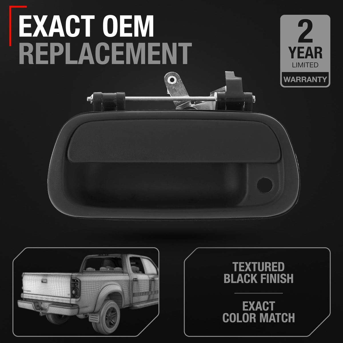 T1A tailgate handle close-up texture highlighting durable black finish benefit