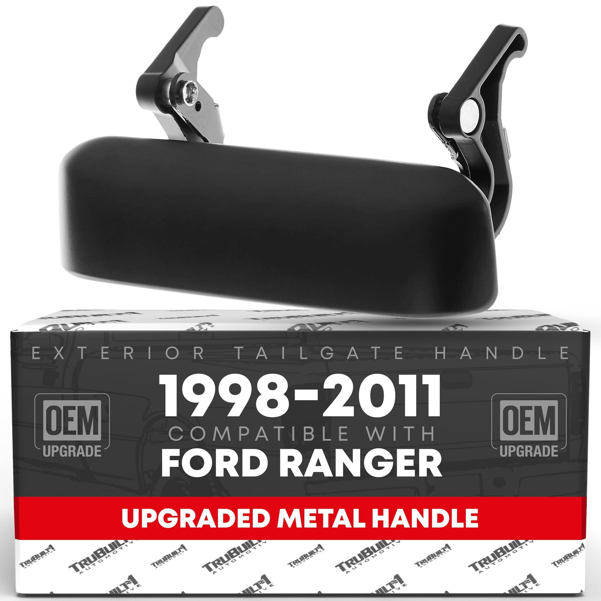 T1A tailgate handle front view showing smooth black finish and OEM fit benefit