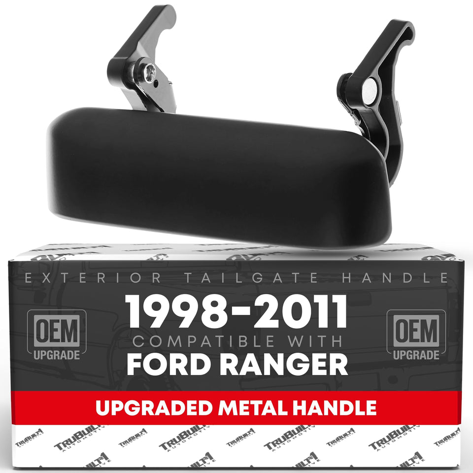 T1A tailgate handle front view showing smooth black finish and OEM fit benefit