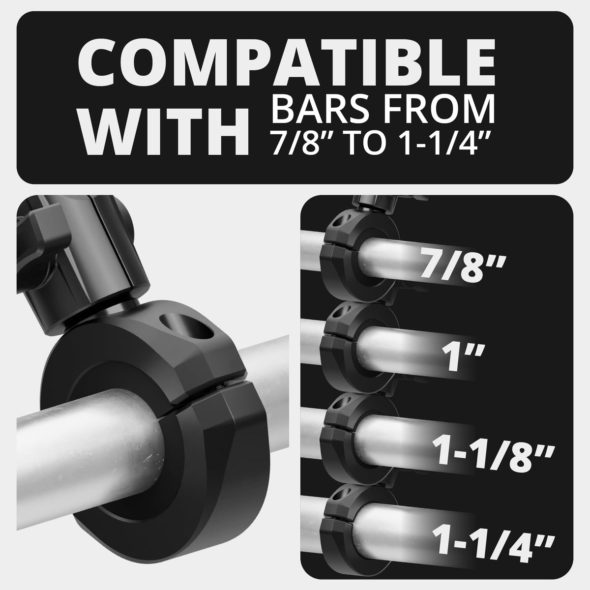 Tackform handlebar clamp installed on bar demonstrates fit benefit