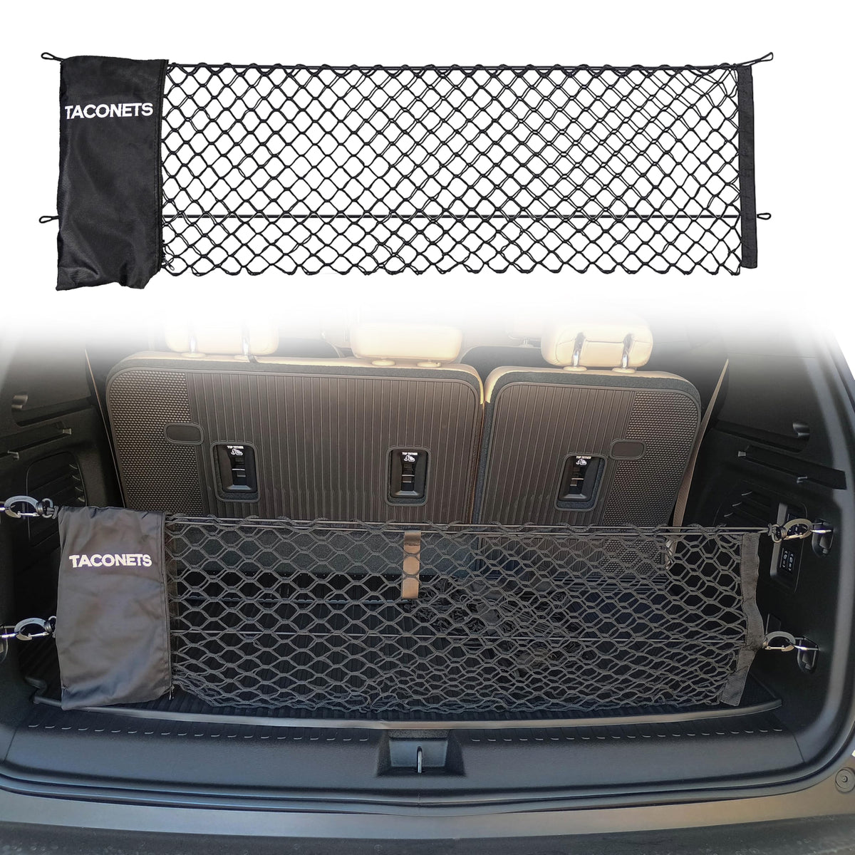 TacoNets front packaging showing net and hardware, organized trunk benefit