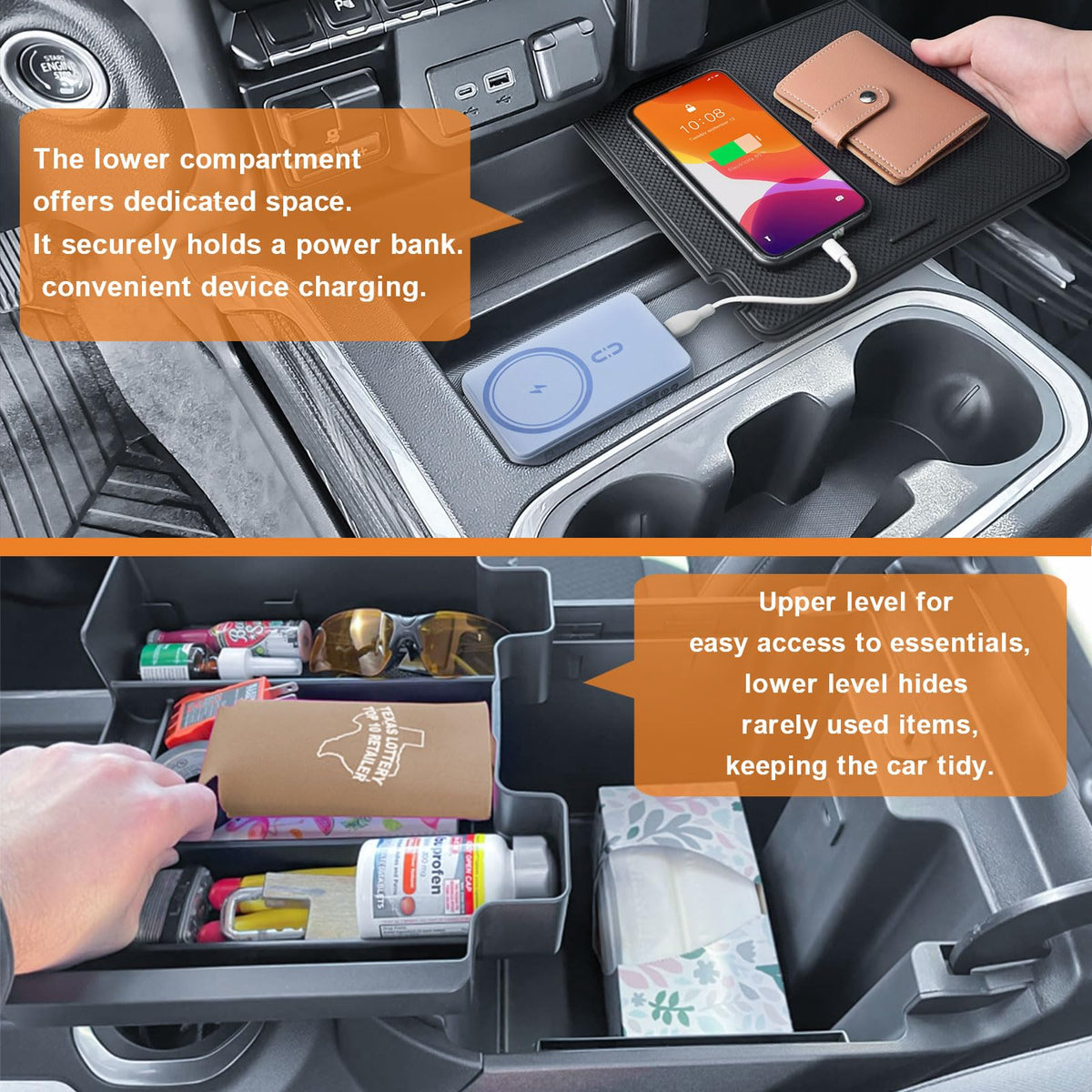 TACOBRO cable pass-through detail keeping charging cords tidy and accessible