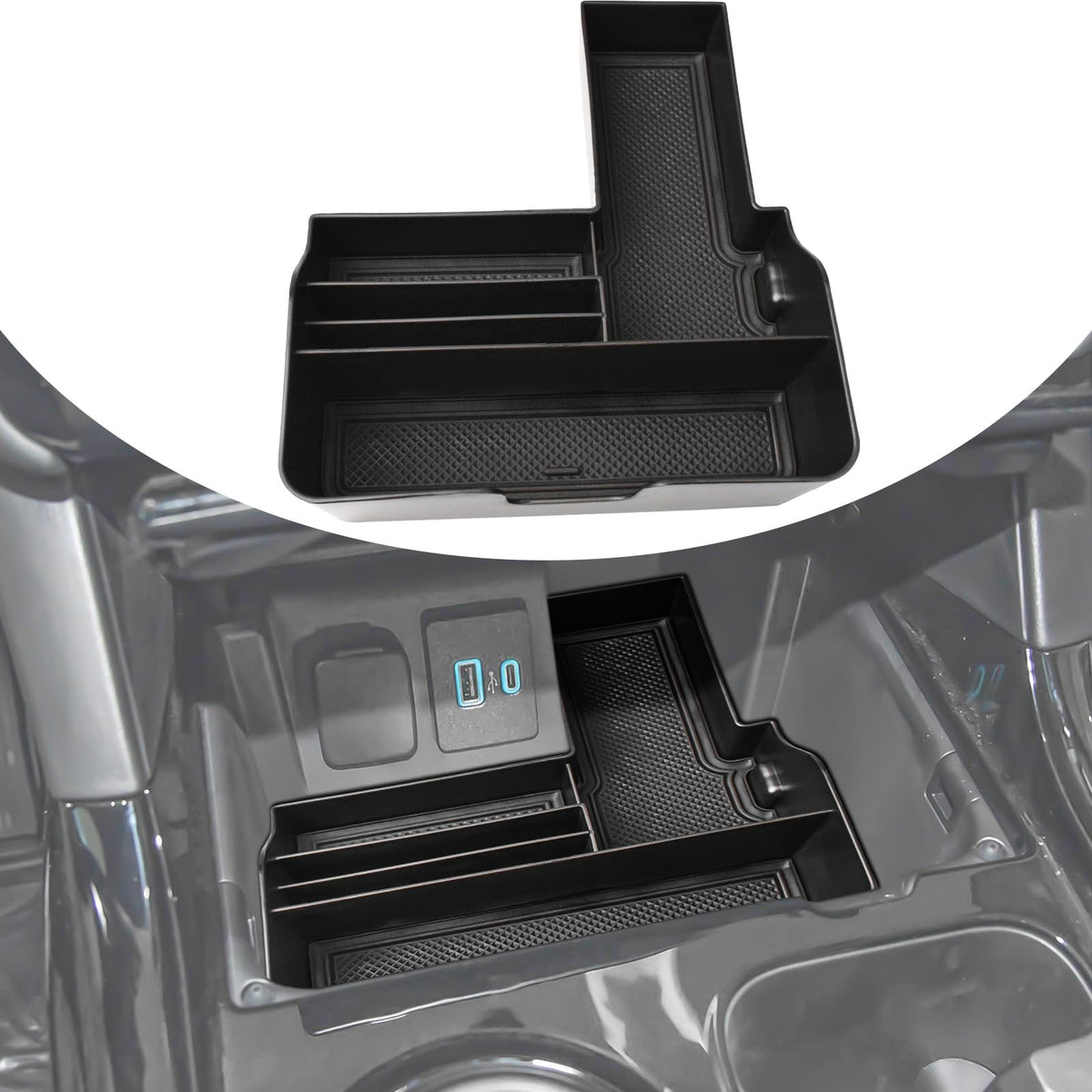 TACOBRO center console tray front view showing neat compartments and easy access