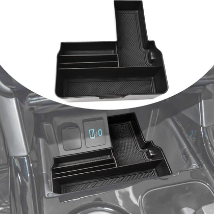 TACOBRO center console tray front view showing neat compartments and easy access