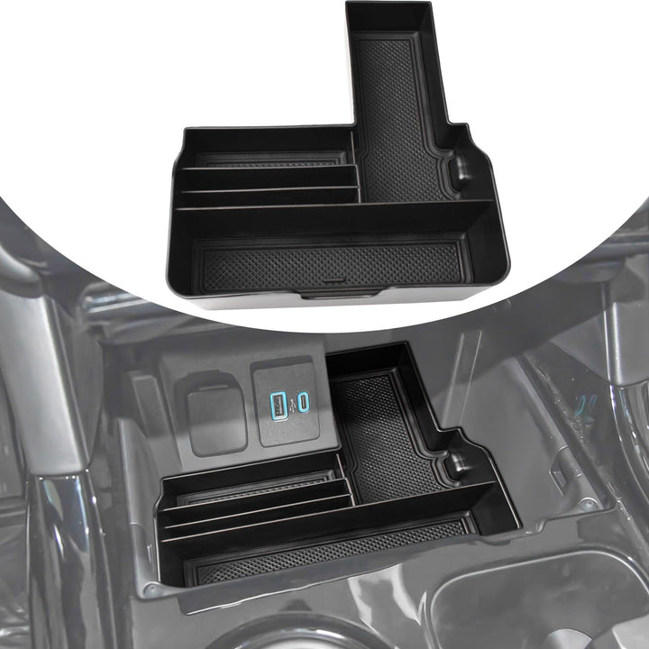 TACOBRO center console tray front view showing neat compartments and easy access