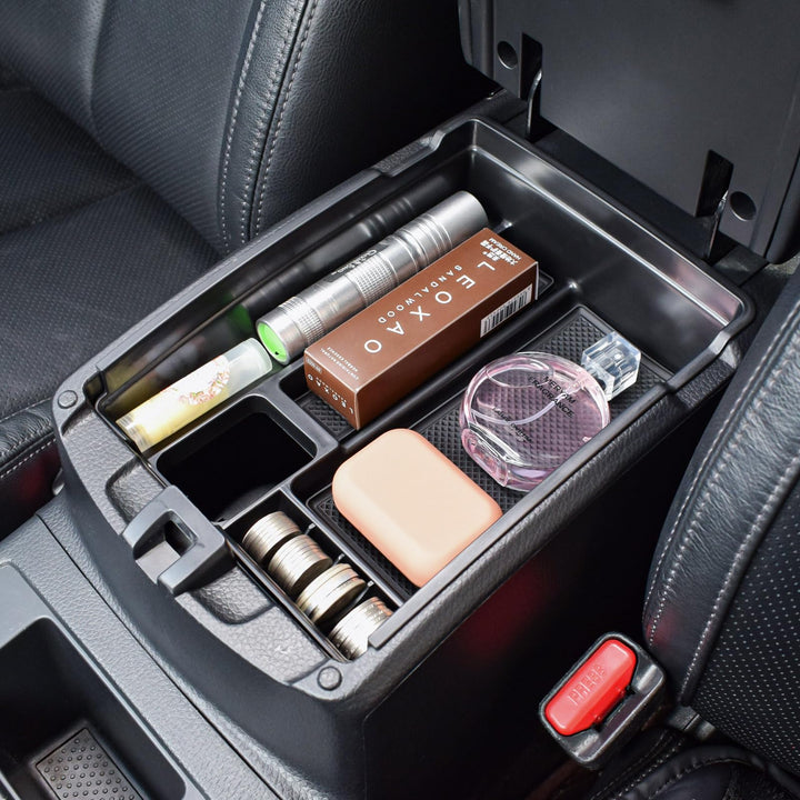 TACOBRO front view of center console tray showing organized compartments and quick access