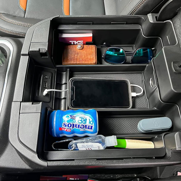 TACOBRO front view of console insert showing clean, integrated fit and instant organization