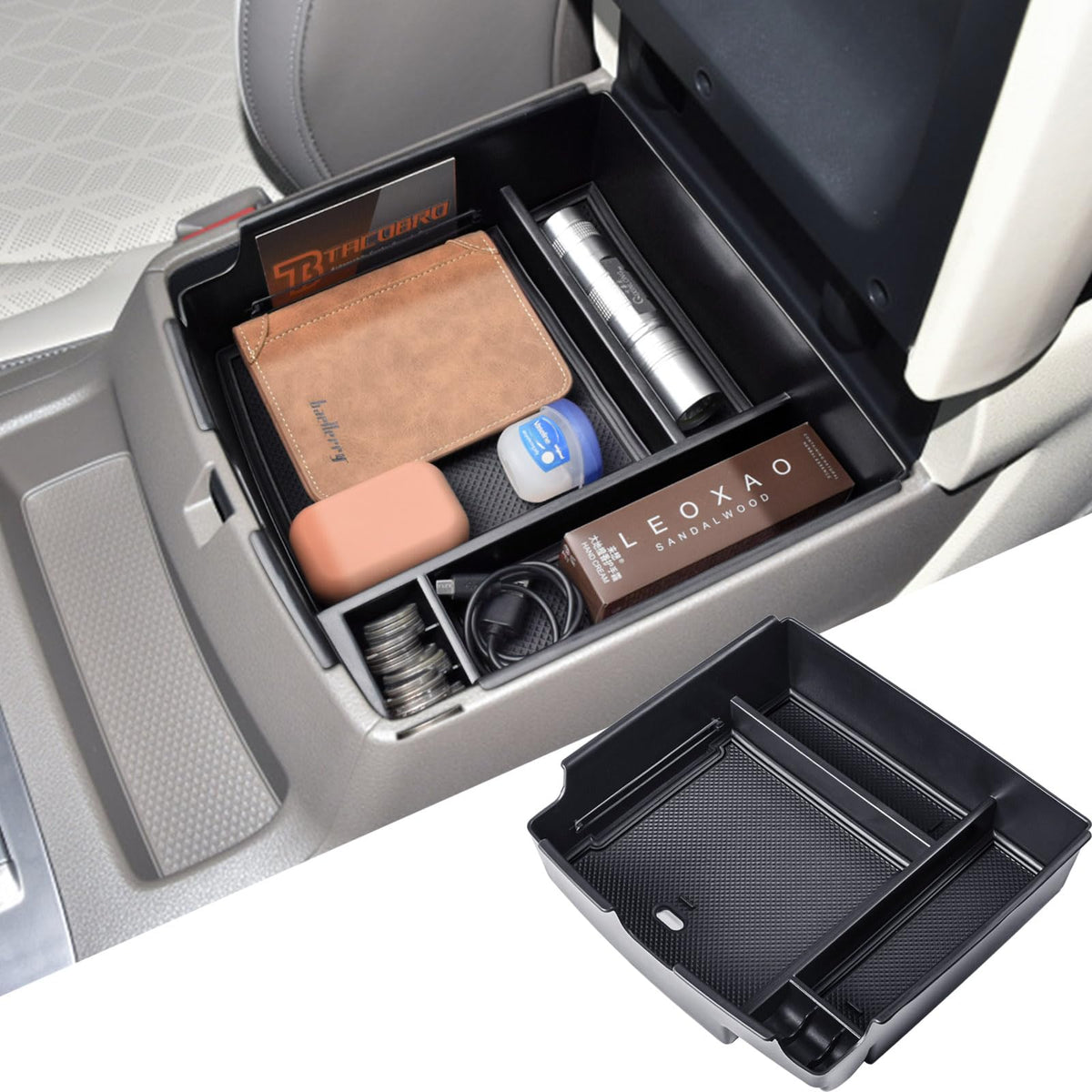 TACOBRO front view showing tidy console insert and instant organization benefit