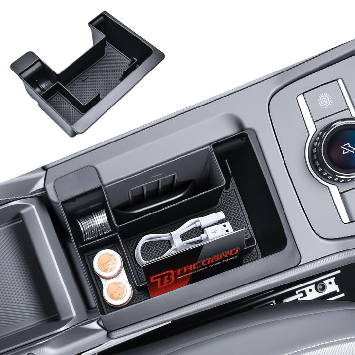 TACOBRO front view console tray showing clean OEM-like fit and added storage benefit