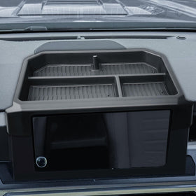 TACOBRO tray front view installed behind 8" screen, tidy storage benefit