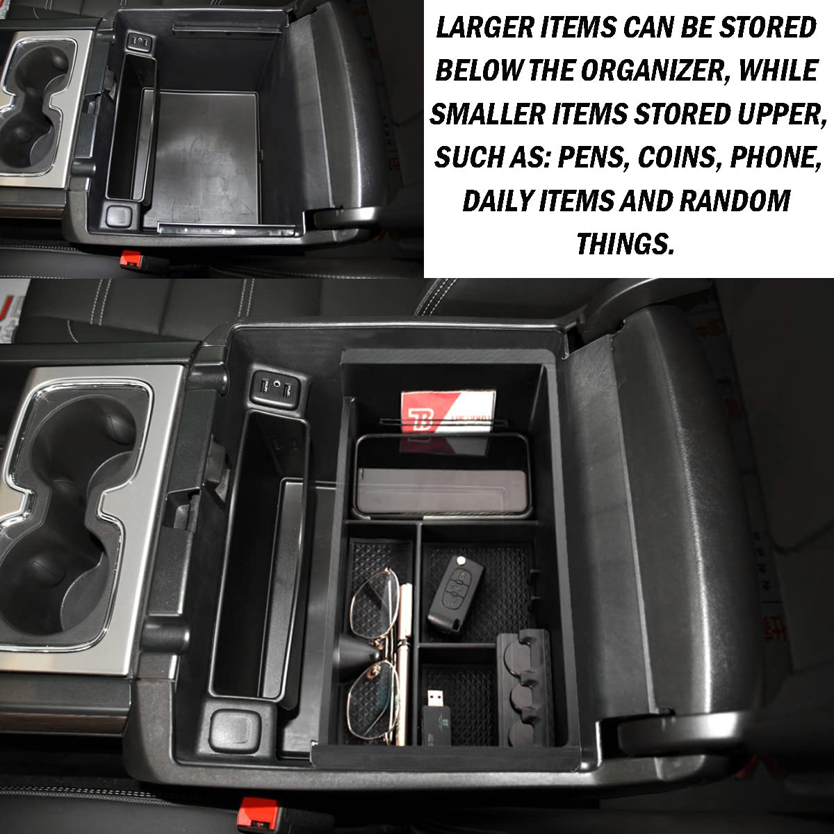 TACOBRO installed in console showing snug fit and reduced rattling benefit