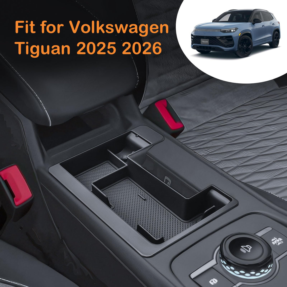 TACOBRO lifestyle image in Tiguan interior showing tidy cabin and refined finish