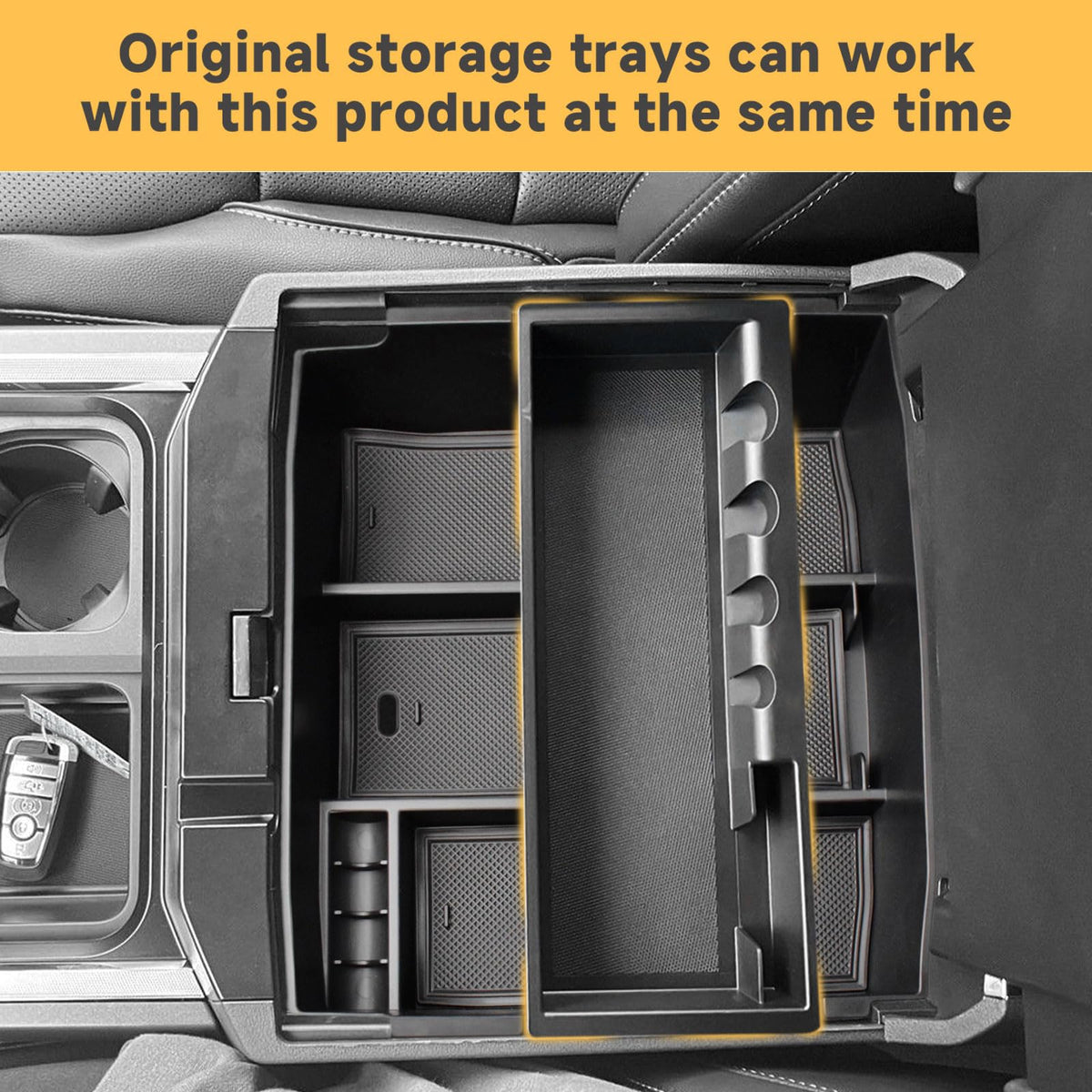 TACOBRO side profile illustrating precise fit inside Ford Super Duty console for stability