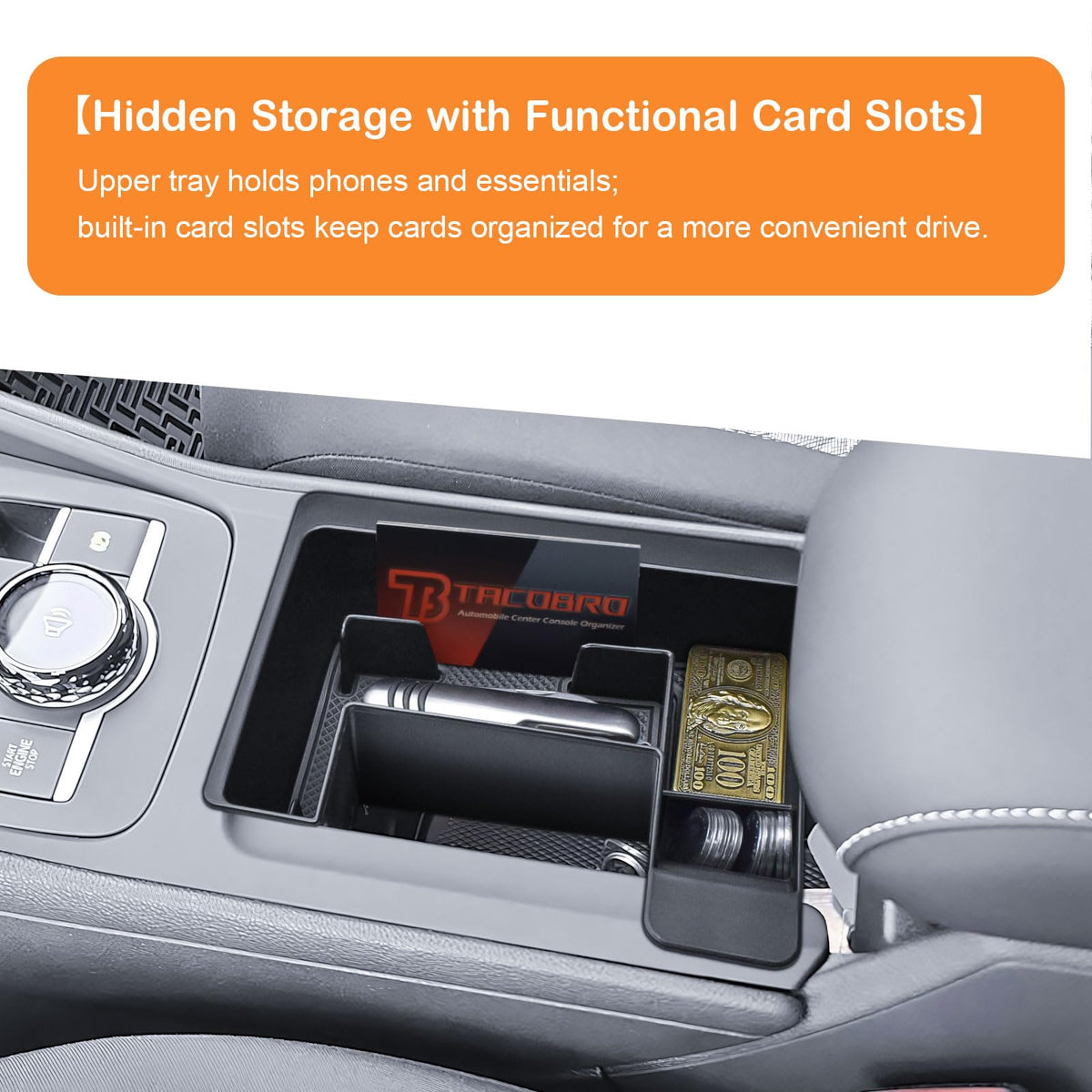 TACOBRO side profile installed flush with Tiguan console preserving factory look
