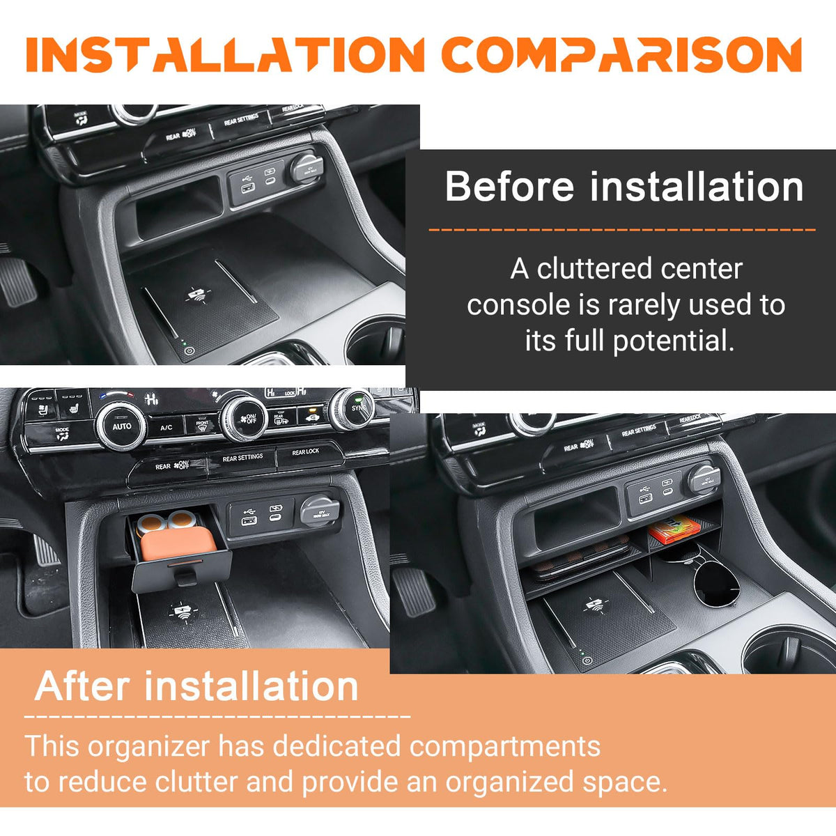 TACOBRO sliding drawer open in console offering hidden storage benefit
