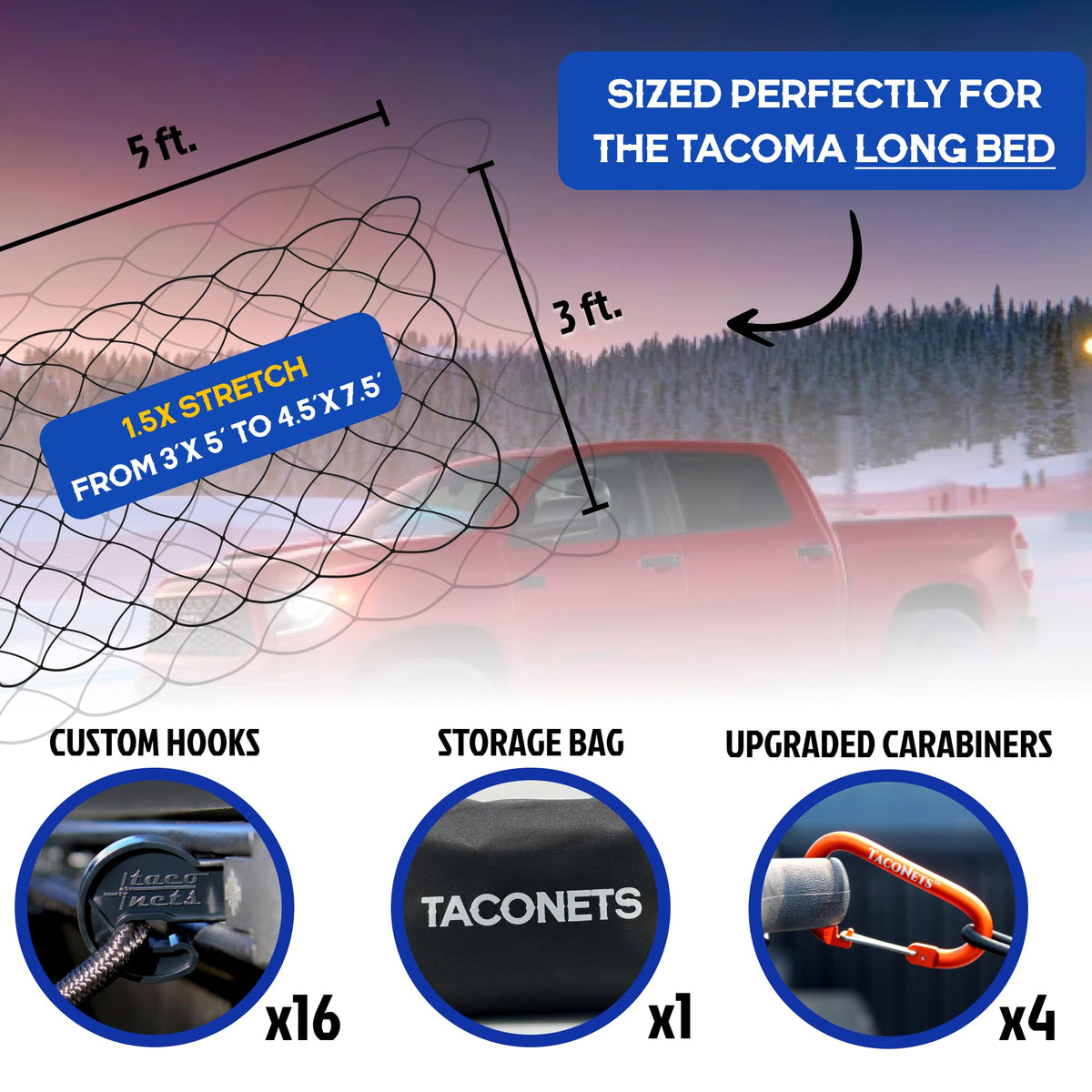 TacoNets carabiner and patented rail clip detail, highlighting secure attachment