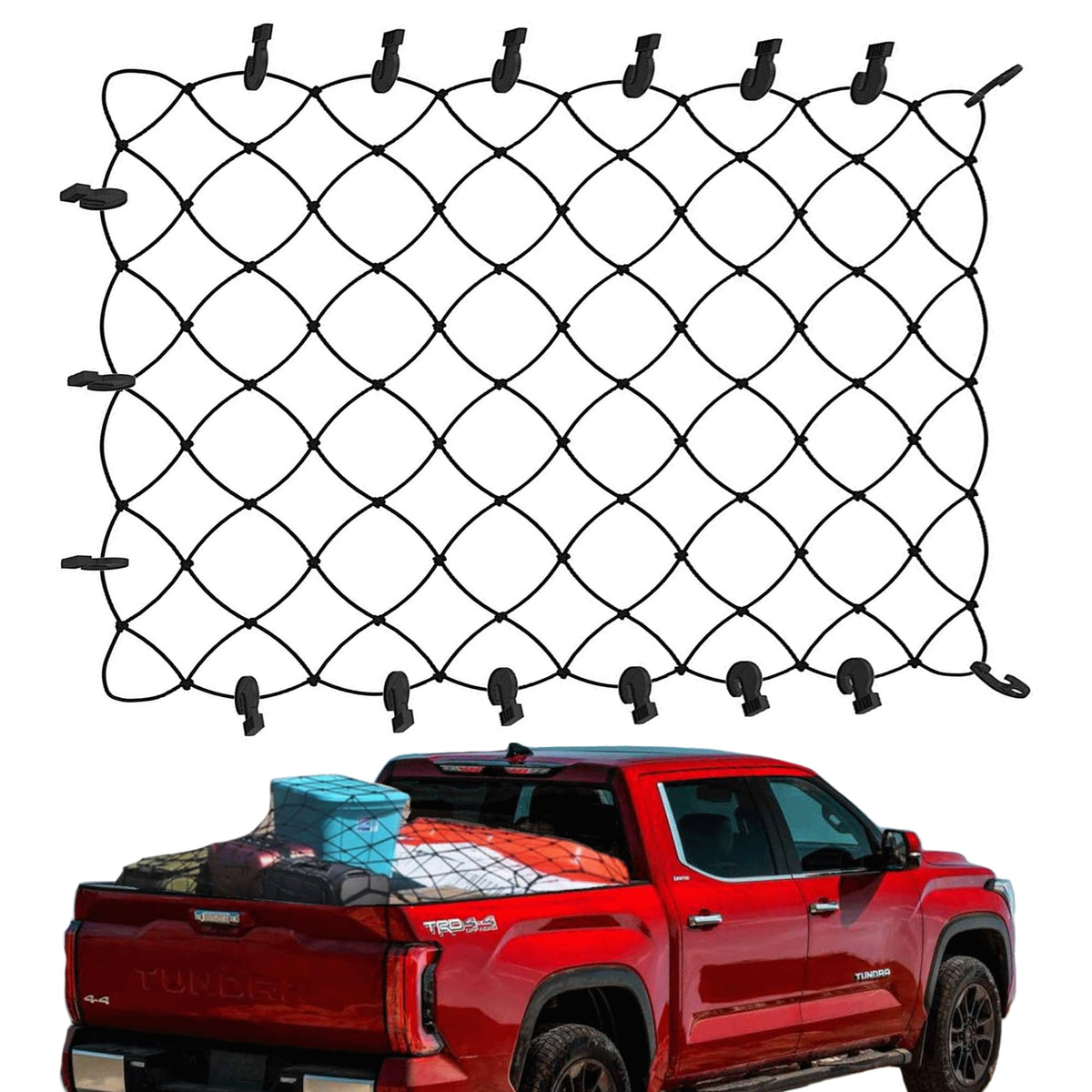 TacoNets installed on Tundra bed front view shows secure cargo retention