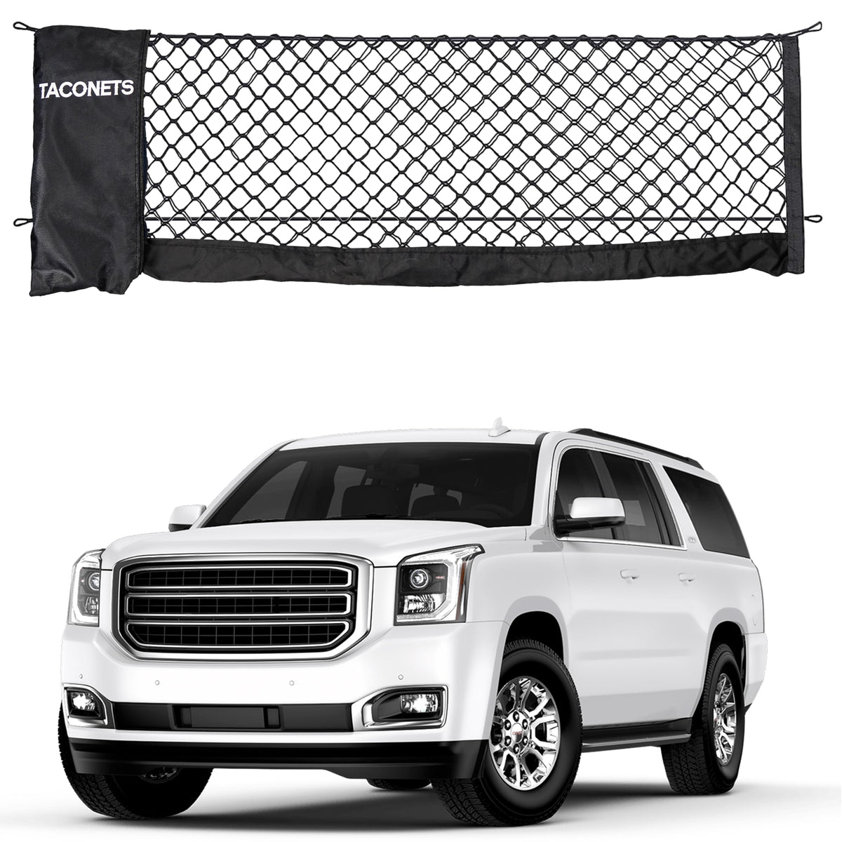 TacoNets front view installed in cargo area showing tidy secured items benefit